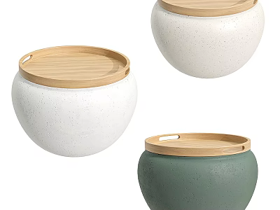 Modern Rounded Side Tables In White And Green With Speckled Texture And Wooden Tops 3d model