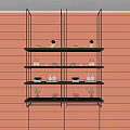 Modern Shelving Unit With Glass Shelves Metal Frame Decorative Bottles Plates And Small Plants