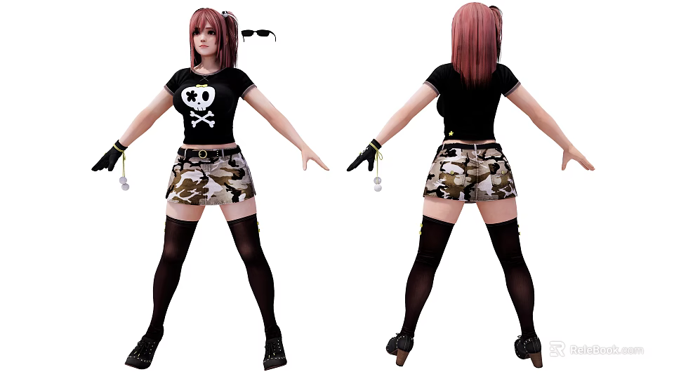 Young Woman With Pink Hair Black Skull T Shirt Camouflage Shorts Thigh High Socks Keychain 3d model 