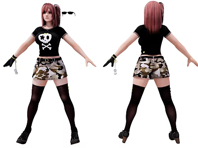 Young Woman With Pink Hair Black Skull T Shirt Camouflage Shorts Thigh High Socks Keychain 3d model