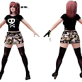 Young Woman With Pink Hair Black Skull T Shirt Camouflage Shorts Thigh High Socks Keychain