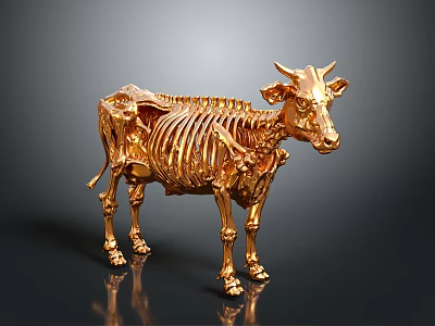 Artistic Golden Cow Skeleton Sculpture with Intricate Bone Design and Metallic Shine 3d model