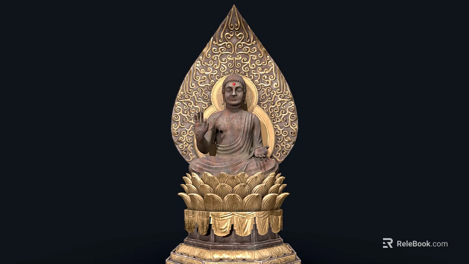 Exquisite Buddha Sculpture with Intricate Carvings on Lotus Base and Decorative Fan Backdrop 3d model 