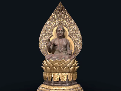 Exquisite Buddha Sculpture with Intricate Carvings on Lotus Base and Decorative Fan Backdrop 3d model