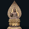 Exquisite Buddha Sculpture with Intricate Carvings on Lotus Base and Decorative Fan Backdrop