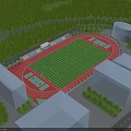 Football Stadium With Green Turf Red Track Surrounded By Trees And River View