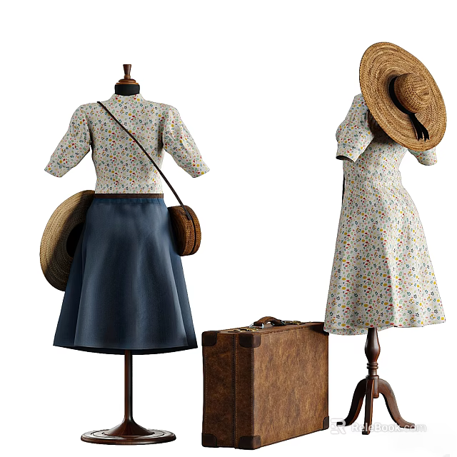 Women's Floral Top Navy Blue Skirt And Dress With Straw Hat Brown Bag Suitcase 3d model 