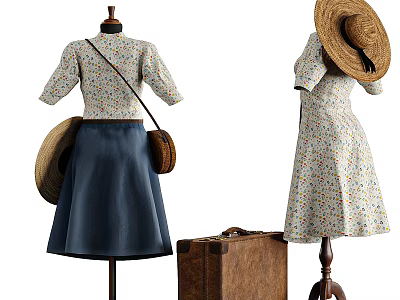 Women's Floral Top Navy Blue Skirt And Dress With Straw Hat Brown Bag Suitcase 3d model