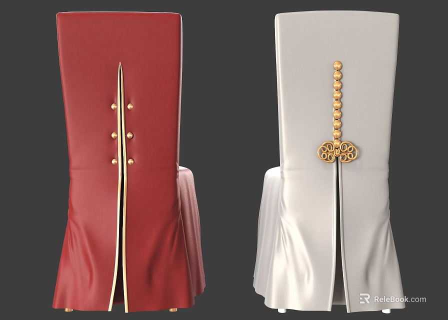 Stylish Red And White Upholstered Dining Chairs With Golden Button Accents And Decorative Details 3d model 