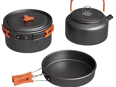 Black Cookware Set Featuring Orange Handles Pot Kettle and Frying Pan 3d model
