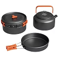 Black Cookware Set Featuring Orange Handles Pot Kettle and Frying Pan