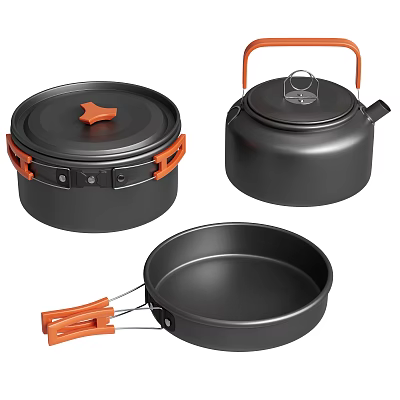 Black Cookware Set Featuring Orange Handles Pot Kettle and Frying Pan 3d model