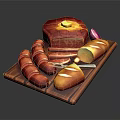 Delicious Food Platter With Sausages Sliced Bread Roasted Meat And Onion On Wooden Board