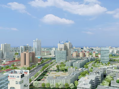 Aerial View Urban Planning With High Rise Buildings Roads And Green Spaces 3d model