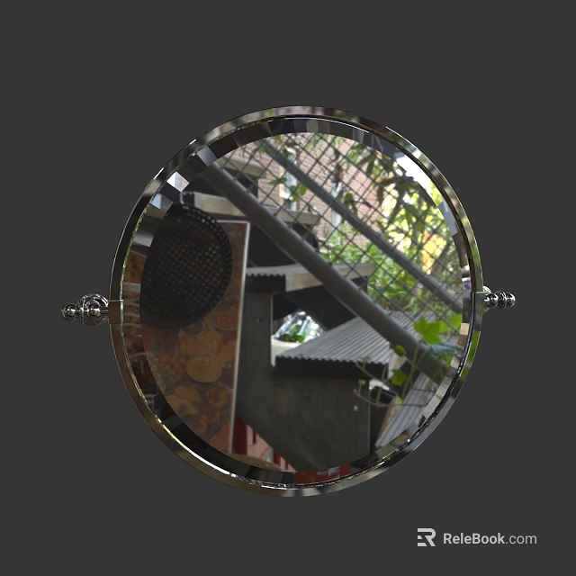 Round Metal Frame Mirror Reflecting Green Plants And Building Structures 3d model 