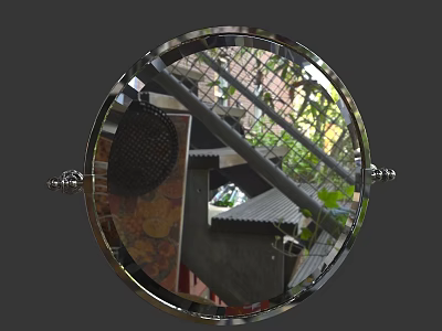 Round Metal Frame Mirror Reflecting Green Plants And Building Structures 3d model