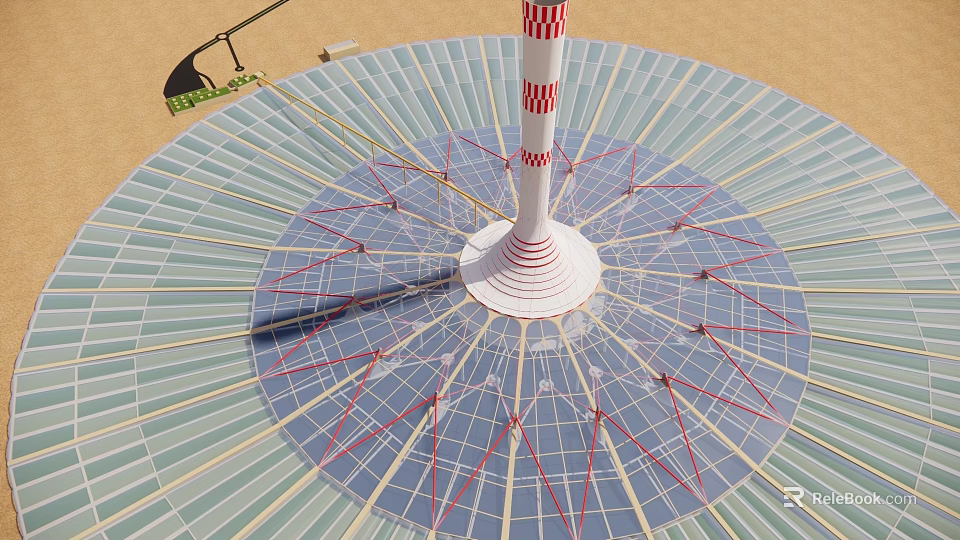 White Central Tower With Red Stripes And Surrounding Circular Solar Panels On Sandy Ground 3d model 