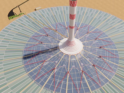 White Central Tower With Red Stripes And Surrounding Circular Solar Panels On Sandy Ground 3d model