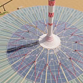 White Central Tower With Red Stripes And Surrounding Circular Solar Panels On Sandy Ground