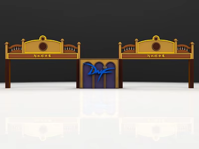 Ornate Golden Door Arch Design With Blue Panels And Decorative Railings 3d model
