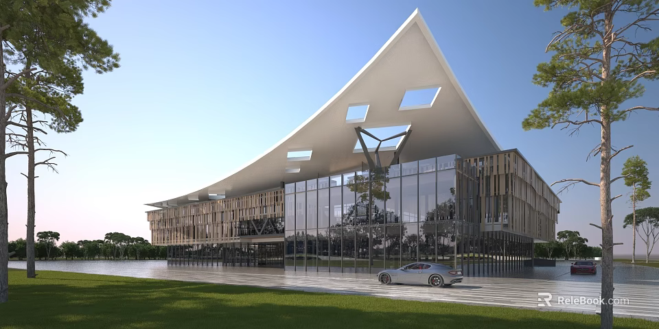Modern School Building With Unique Roof Structure Glass Windows Green Grass And Trees 3d model 