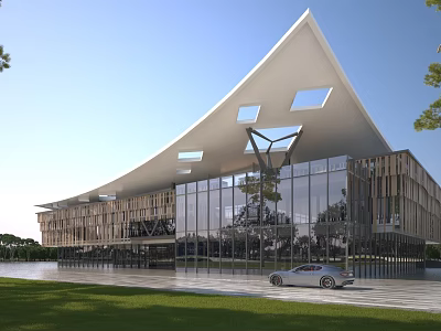 Modern School Building With Unique Roof Structure Glass Windows Green Grass And Trees 3d model