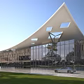 Modern School Building With Unique Roof Structure Glass Windows Green Grass And Trees