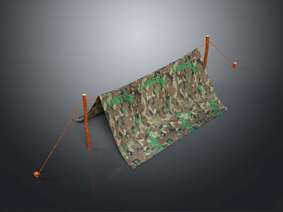 Camouflage Tent Structure With Orange Poles Ropes And Green Leaf Pattern 3d model