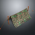 Camouflage Tent Structure With Orange Poles Ropes And Green Leaf Pattern