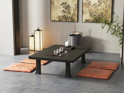 New Chinese Tea Table and Chair Tatami Coffee Table Cushion Combination 3d model