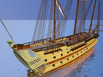 Vintage Wooden Ship With Tall Masts And Ornate Hull Sailing On Calm Water 3d model