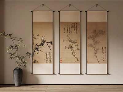 Three Traditional Chinese Scroll Paintings Hanging With Bamboo Plant In Interior 3d model