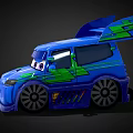 Vibrant Blue Cartoon Style Race Car With Expressive Eyes Roof Spoiler And Green Accents