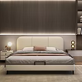 Modern Cozy Double Bed with Cream Headboard Bedding Nightstand Table Lamp Bookshelf and Blinds