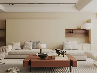 Modern Minimalist Living Room Interior With Beige Walls Light Gray Sofas And Wooden Coffee Table 3d model