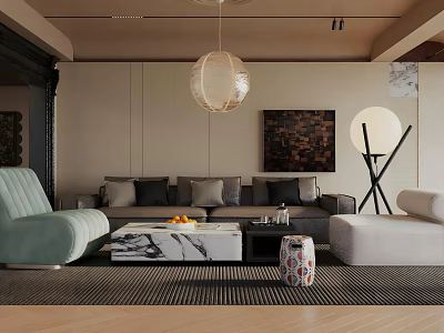 Modern Living Room Interior With Grey Sofa Marble Coffee Table Pendant Light And Decorative Artwork 3d model