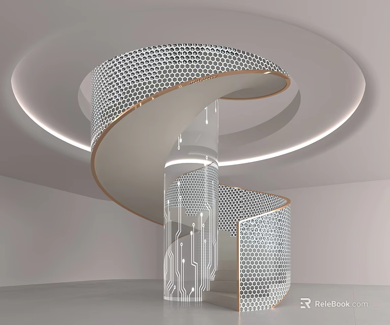 Modern Spiral Staircase With Perforated Metal Railing And LED Lighting Design 3d model 