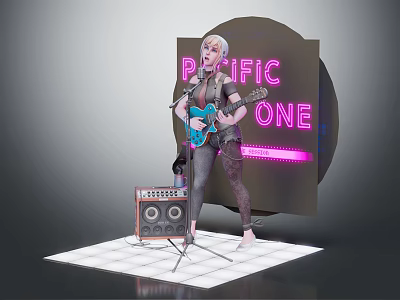 Woman Playing Electric Guitar With Neon Pacific One Sign And Amplifier On Stage 3d model