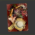 Colorful Plated Food with Fried Egg Fresh Vegetables and Fruits on Red Placemat