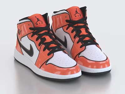 High Top Sneakers Featuring Orange White Black Color And Brand Logos 3d model