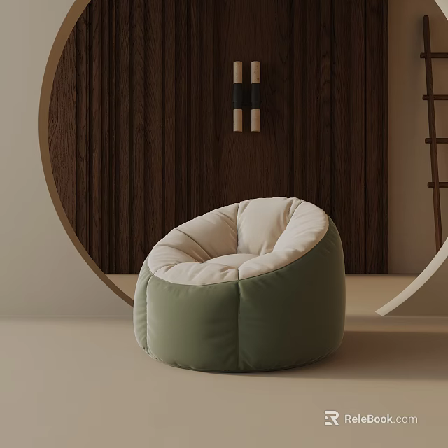 Green Bean Bag Casual Chair With Beige Inner Cushion And Modern Minimalist Wooden Wall Decor 3d model 