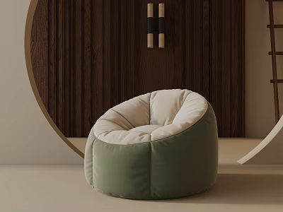 Green Bean Bag Casual Chair With Beige Inner Cushion And Modern Minimalist Wooden Wall Decor 3d model