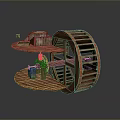 Wooden Waterwheel 3D Model Structure With Detailed Platforms And Miniature Decorations