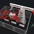 Industrial Oil Pump Jack With Red Metal Structure Fence And Pipes