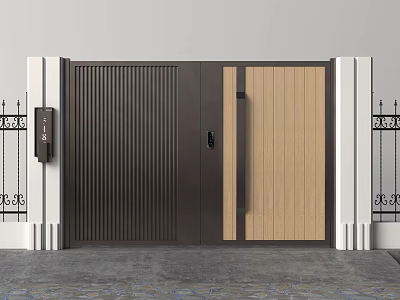 Modern Entrance Gate With Dark Slats Light Wood And White Pillars 3d model