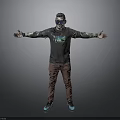 Man in Gray Long Sleeve Shirt With Graphic Brown Pants Blue Shoes Sunglasses Arms Outstretched