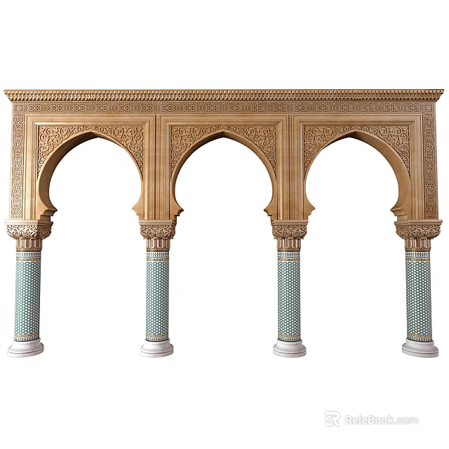 Sculpted Archway With Intricate Carvings Green Columns And White Bases 3d model 