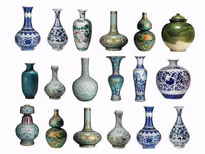 Traditional Ceramic Vessels With Various Shapes Colorful Patterns And Vintage Designs 3d model