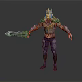 Ornate 3D Warrior Character Wearing Detailed Armor Holding Decorative Sword With Red Gold Accents