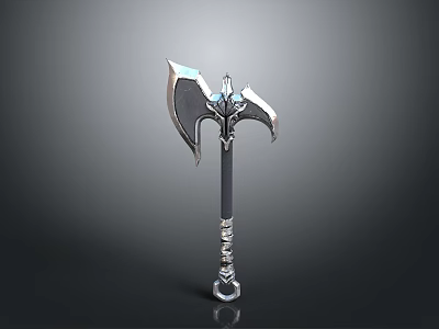 Fantasy Metallic Axe With Blue Gemstone And Ornate Carved Handle Design 3d model